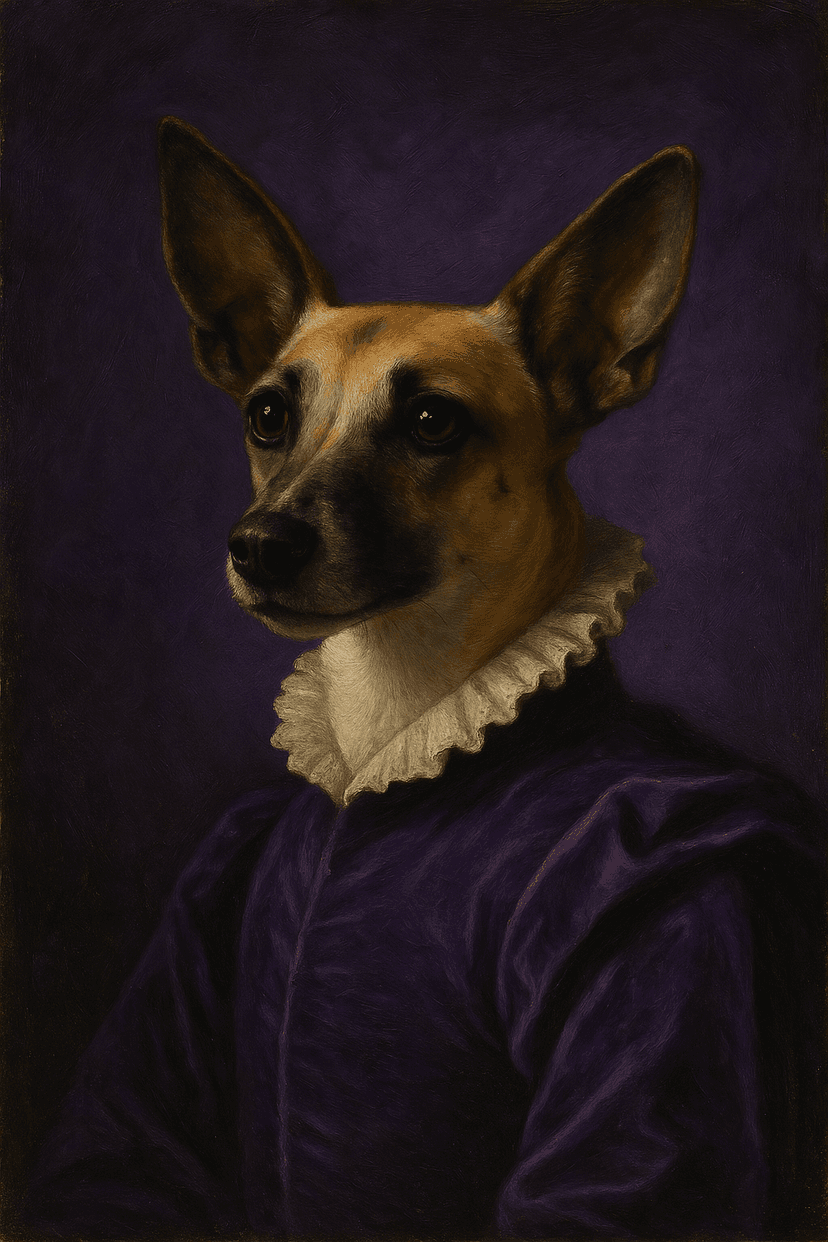Mixed breed dog in Renaissance noble attire
